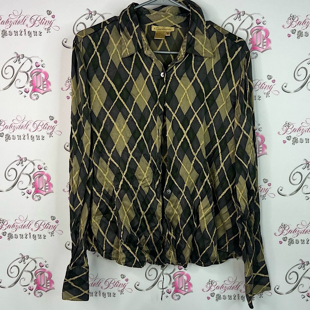 A.F Christopher 100% Silk Shirt with Diamond Pattern argyle luxury green gold